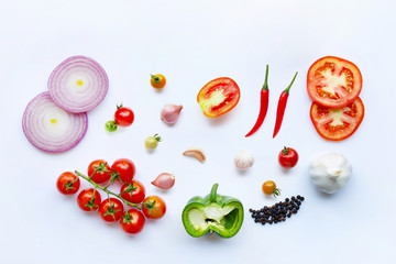 Various fresh vegetables and herbs on white background. Healthy eating concept