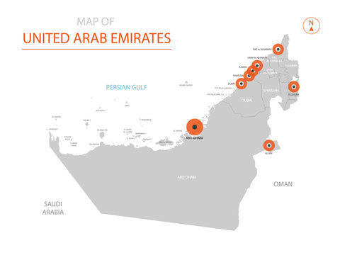 Stylized vector United Arab Emirates map showing big cities, capital Abu Dhabi, administrative divisions.