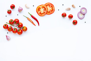 Various fresh vegetables and herbs on white. Healthy eating concept