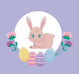 cute rabbit with eggs of easter and flowers