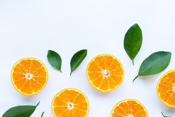 High vitamin C, Orange fruits with leaves on white background.