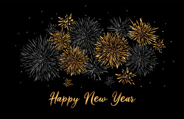 Happy New Year greeting card with lettering design. Golden glitter fireworks black background. 