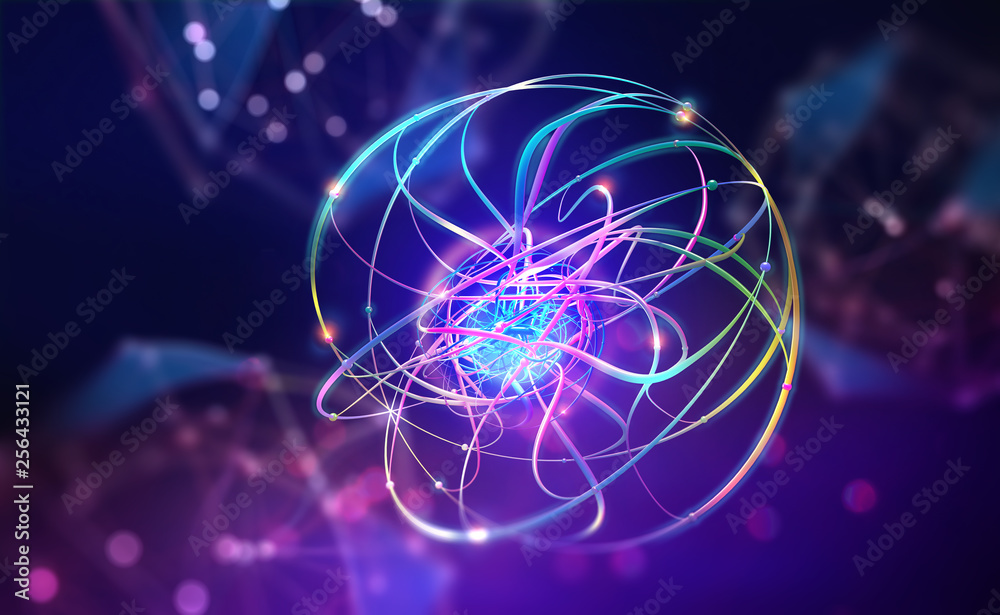 Aufkleber Big Data concept. Abstract, futuristic database. Fullcolor 3D illustration of a digital information funnel in neon light