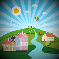 Rural Scene with Houses and Hill. Vector Landscape with River, Trees and Windmills.