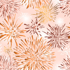 Colorful festive fireworks seamless pattern design. Seamless background with abstract spots. Roze gold metal stars on pink background.A new texture for your design,wrapping paper, wallpaper, fabric.