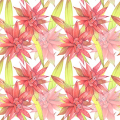 Hand painted watercolor illustration. Floral seamless pattern with red exotic tropical flowers.