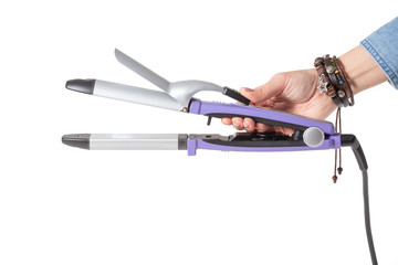 Coiffure curling iron device in hand isolated on white background. Hairstyle salon concept