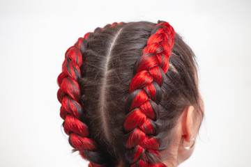 Braided hairstyle with red hair extensions on a white background