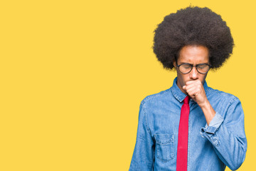 Fototapeta na wymiar Young african american business man with afro hair wearing glasses and red tie feeling unwell and coughing as symptom for cold or bronchitis. Healthcare concept.
