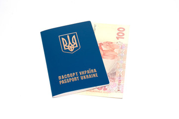 Ukrainian passport and money on white background