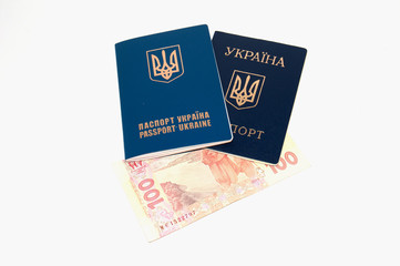 Ukrainian passport and money on white background, copy space