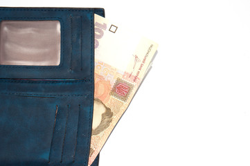Ukrainian hryvnia money in wallet on white background, copy space for text.