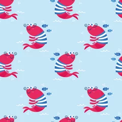Tapeten Meerestiere Süße Meeresvektortiere der Tiefe: Fische und Garnelen. Nahtloses Muster der Karikatur auf einem Farbhintergrund. Es kann für Hintergründe, Oberflächenstrukturen, Tapeten, Musterfüllungen verwendet werden