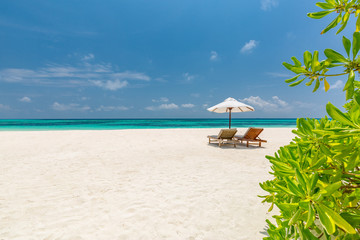 Tranquil beach scene. Exotic tropical beach resort, landscape for background or wallpaper. Design of summer vacation holiday concept.