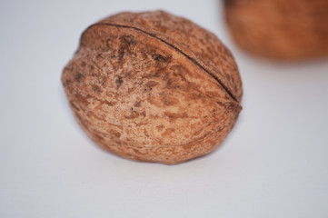 Walnuts on a white background close-up, macro