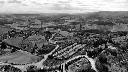 Beautiful countryside around San Gimignano, aerial view of Tuscany Hills