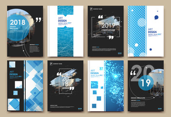 Abstract patch brochure cover design. Black info data banner frame. Techno title sheet model set. Modern vector front page art. Urban city blurb texture. Blue citation figure icon. Ad flyer text