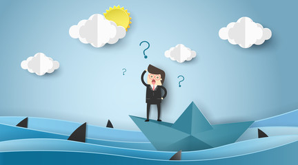 BasicBusinessman standing boat paper with for help in ocean sharks,Business problems concept.Paper art style.