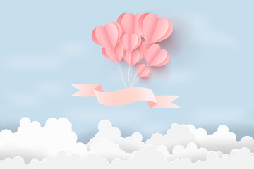 illustration of love and valentine day with hearts balloons float on the sky,Paper art style.