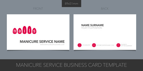 Manicure salon, nail service vector business card layout.