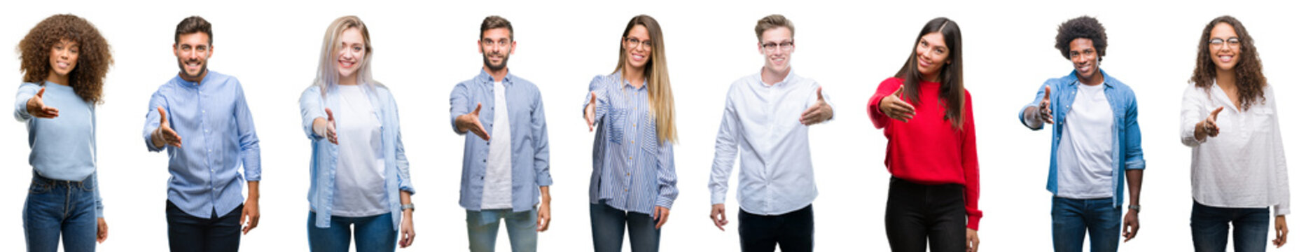 Composition Of African American, Hispanic And Caucasian Group Of People Over Isolated White Background Smiling Friendly Offering Handshake As Greeting And Welcoming. Successful Business.