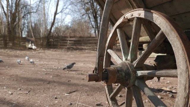 A wagon with a wooden wheel. Animals walk around the yard of an old house