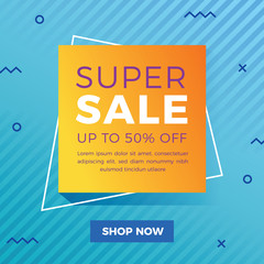 Super sale banner with abstract blue memphis background