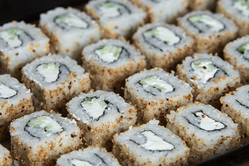Japanese sushi rolls on a white background. close view