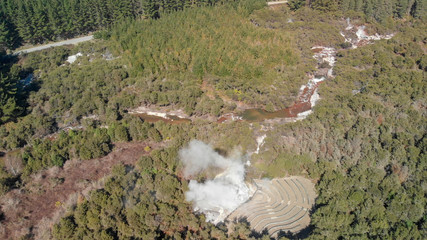 Wai-O-Tapu National Park, Rotorua. Aerial view of Lady Knox, famous New Zealand Geyser
