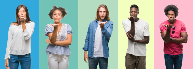 Composition of african american, hispanic and chinese group of people over vintage color background looking at the camera blowing a kiss with hand on air being lovely and sexy. Love expression.
