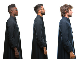 Collage of christian priest men over isolated background looking to side, relax profile pose with natural face with confident smile.