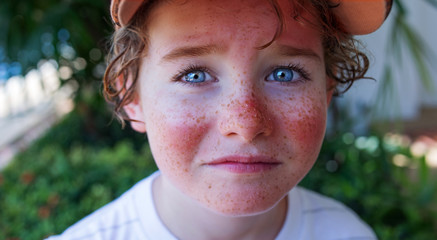sad curly boy's face with sunburn 