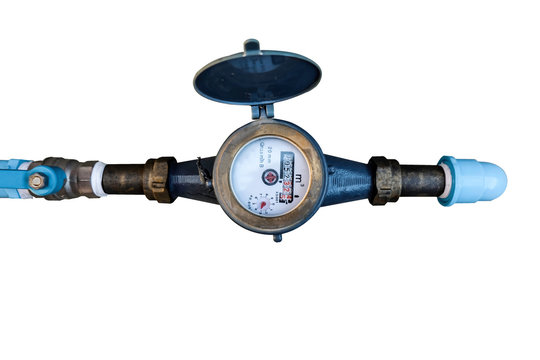 Water meter on white background, Water meter for supply consumption mesurement of home plumbing system, water sewer sanitary flow counter valve