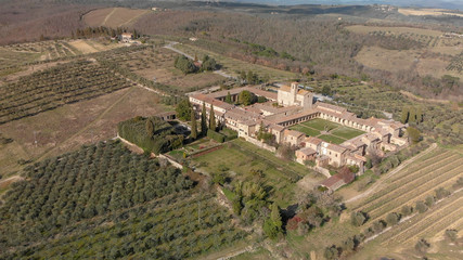 Fototapeta na wymiar Amazing aerial view of Pontignano Charterhouse near Siena, Tuscany