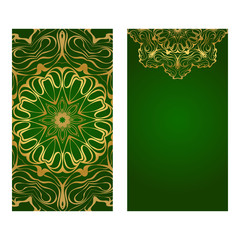 Modern Vector Template With Tribal Mandalas. For Brochure, Flyer, Cover, Magazine. Green gold color