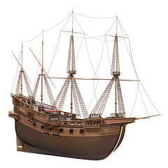 Sailing wooden old ship. 3d illustration isolated on white