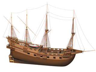 Sailing wooden old ship. 3d illustration isolated on white