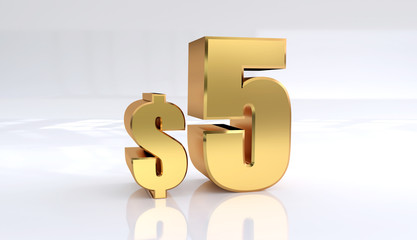 5 dollar price symbol. red text number 3d render with dollar sign on white background - Illustration