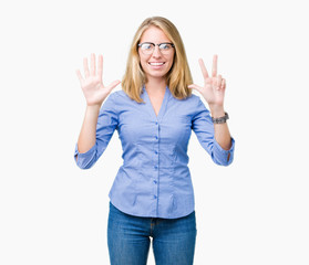 Beautiful young business woman over isolated background showing and pointing up with fingers number eight while smiling confident and happy.