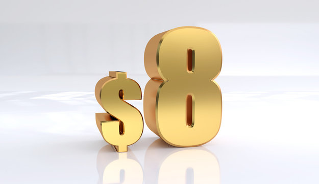 8 dollar price symbol. red text number 3d render with dollar sign on white background - Illustration
