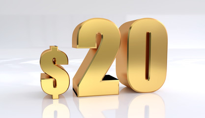 20 dollar price symbol. red text number 3d render with dollar sign on white background - Illustration