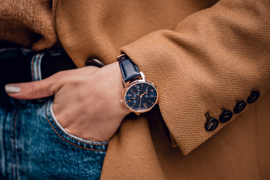 Stylish trendy watch on woman hand