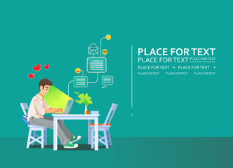 Young Boy Works Remotely on a Network Using a Laptop and Sitting at the Table .  A Workplace at Home for a Freelancer. Flat Vector illustration