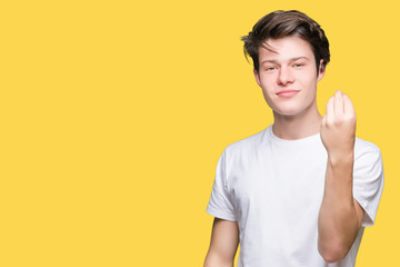 Young handsome man wearing casual white t-shirt over isolated background Doing Italian gesture with hand and fingers confident expression