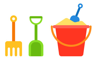 Set of kids sand bucket, shovel and rake vector icon flat isolated