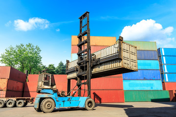 Forklift container loading and unloading cargo into the import-export zone