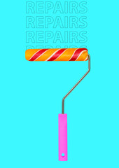 Repair roller with fruit ice as a head. Renovation concept. Summer composition with text on the blue background. Modern design. Contemporary art collage.