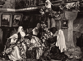Festivity preparation in the monastery - Illustration from 1884 - 256445376