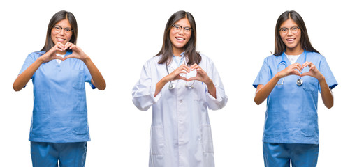 Obraz premium Collage of asian young surgeon doctor or nurse woman standing over white isolated background smiling in love showing heart symbol and shape with hands. Romantic concept.