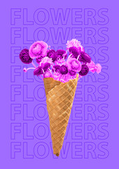 Ice cream cone filled with flowers, Unusual bouquet or gift concept. Purple background with text. Modern design. Contemporary art collage.